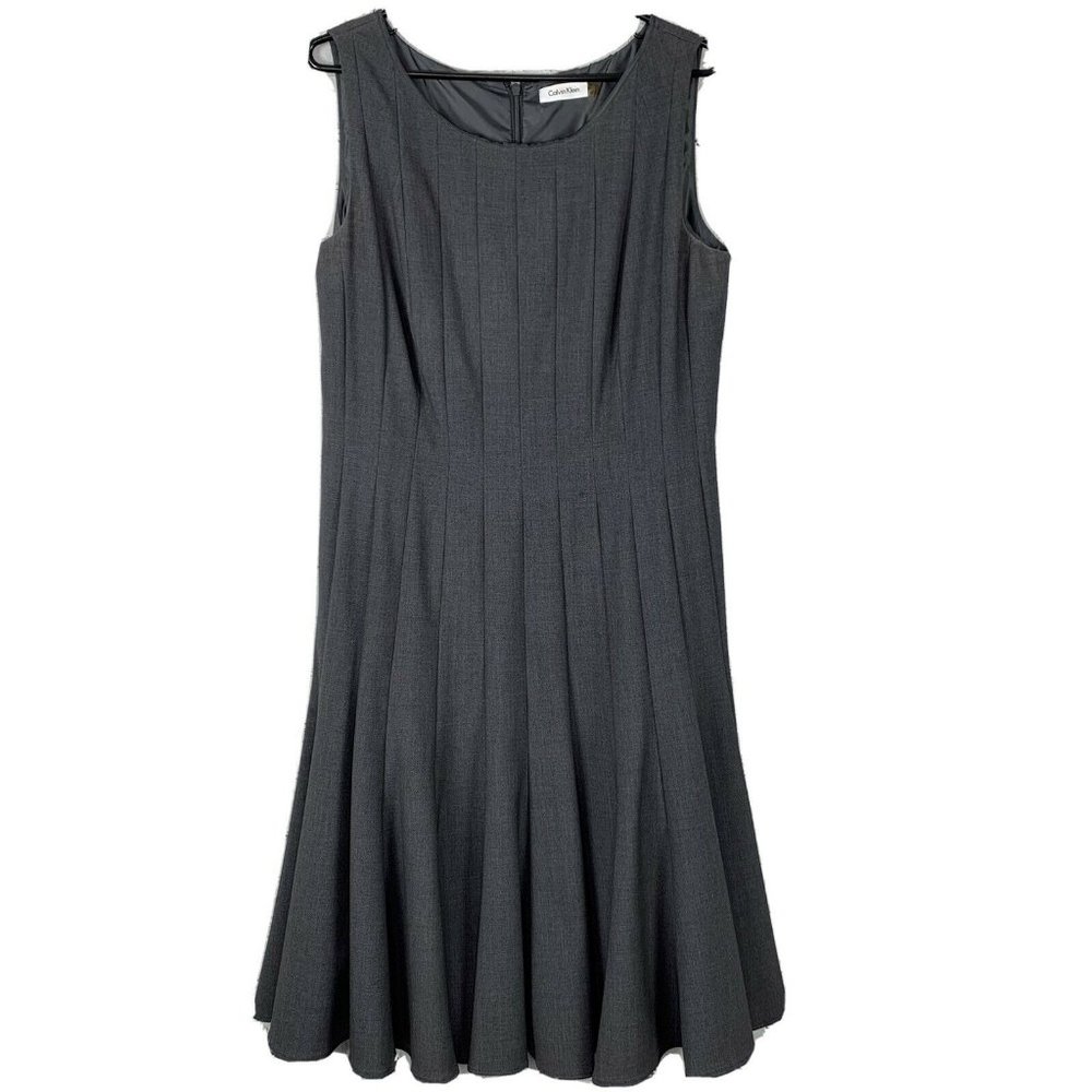 Calvin Klein Dress A Line Pleated size 12 Charcoal Gray Sleeveless Flare Career